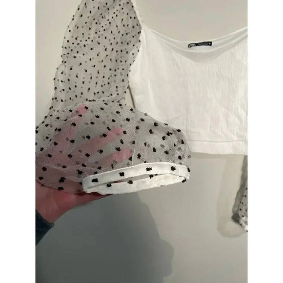 Zara White Cropped Mesh Puff Sleeve Swiss Dot Top - Picture 3 of 10